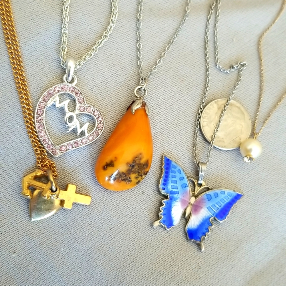 ENAMEL CLOISONNE BUTTERFLY & AMBER +3 Necklaces